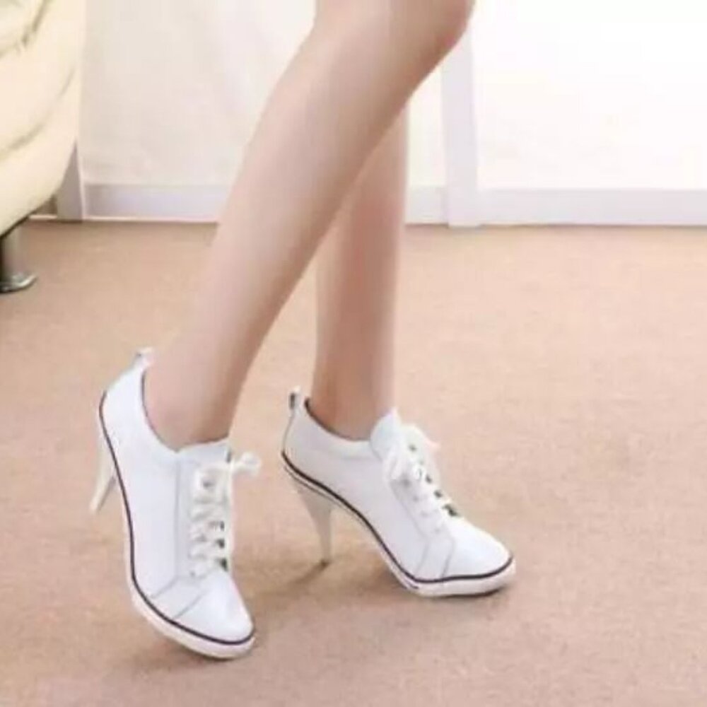 Women's leather stiletto heels black white pump lace sports shoes fashion